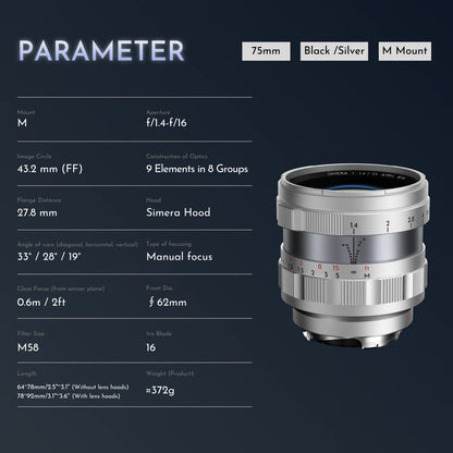 Thypoch Simera 75mm F/1.4 Silver M-Mount MF Full Frame Lens