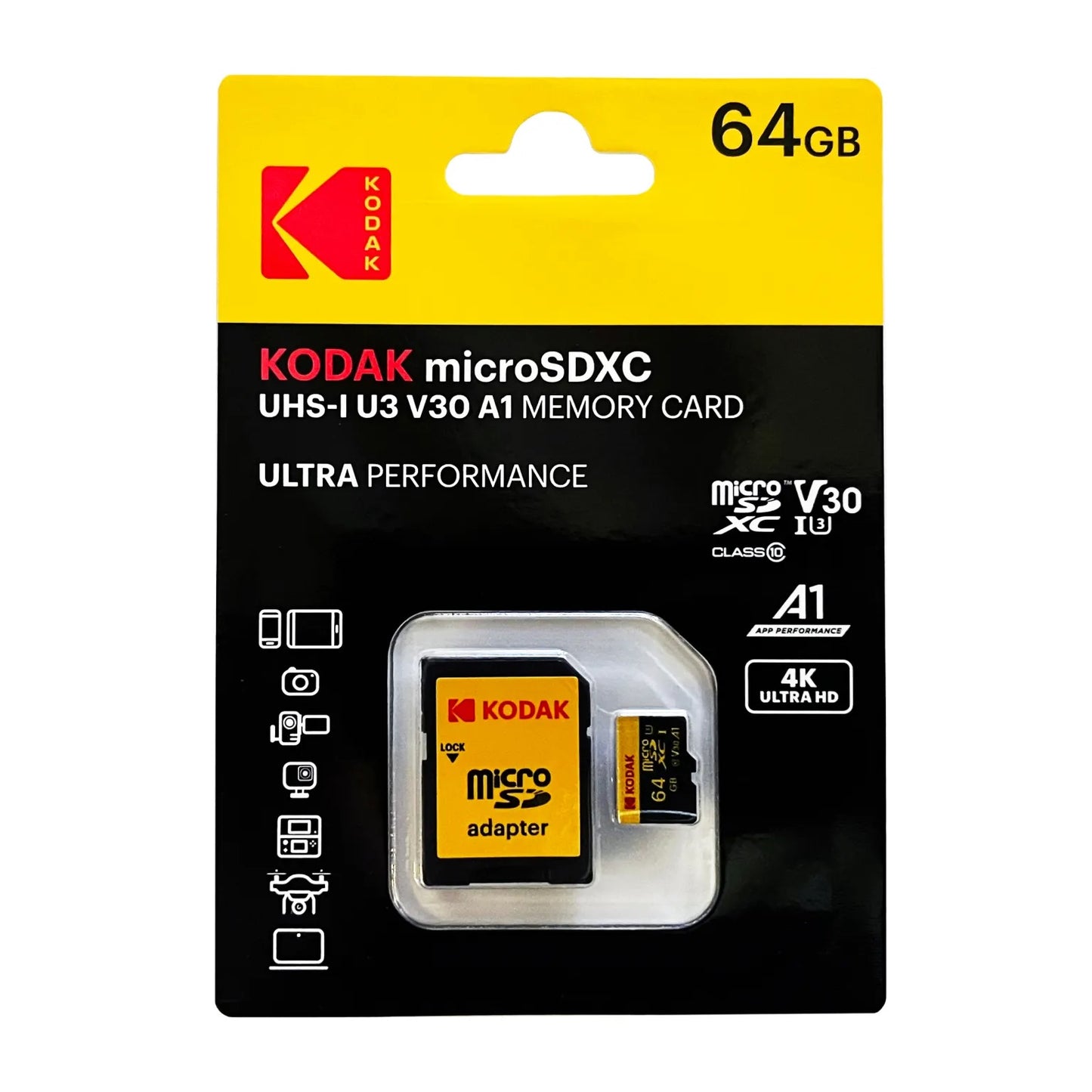 KODAK ULTRA PERFORMANCE MICROSDXC UHS-I U3 V30 A1 MEMORY CARD WITH ADAPTER CLASS 10 64G 柯達記憶卡連轉接卡
